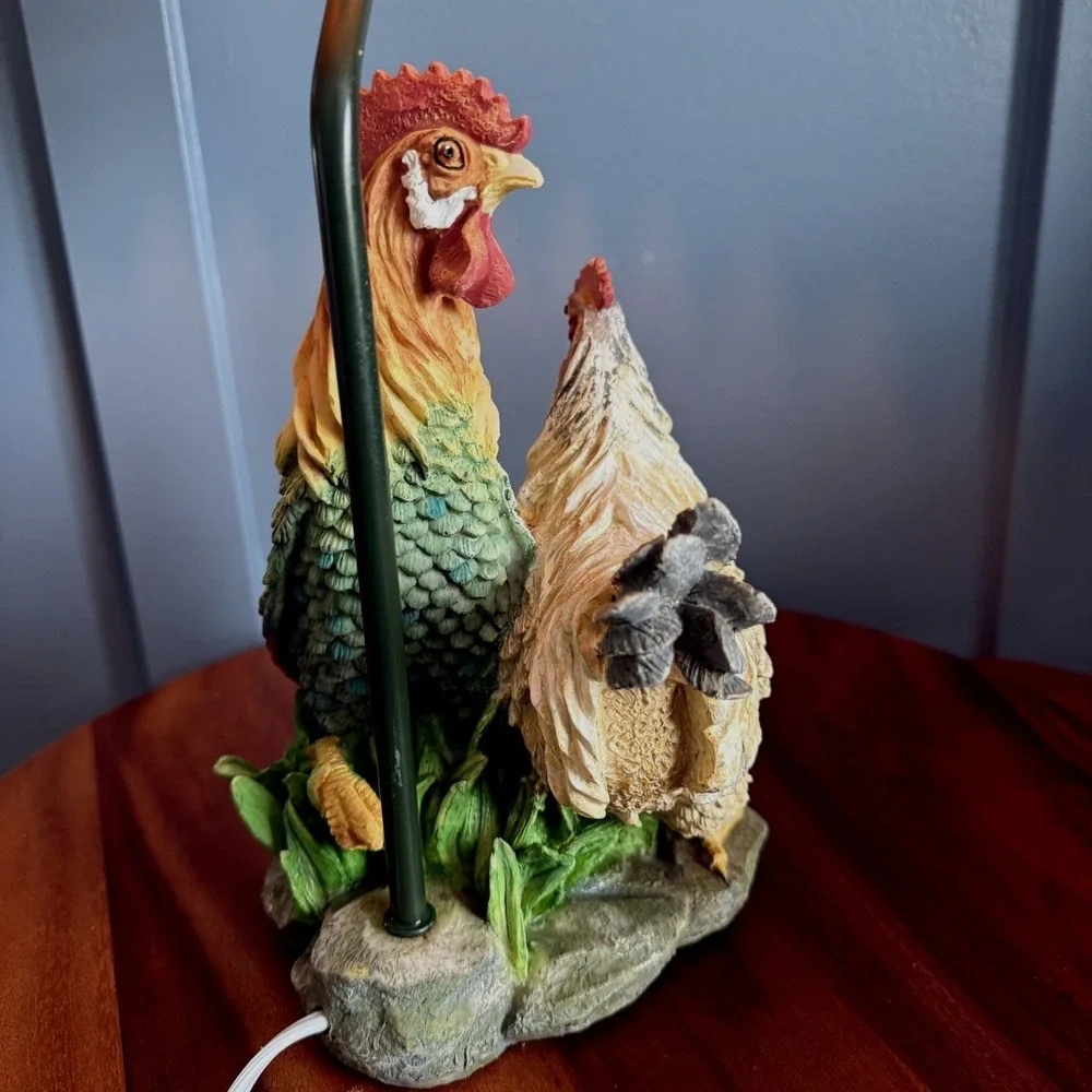 Vintage Rooster and Chicken Table Lamp Plaid Shade Farmhouse Cottage 20